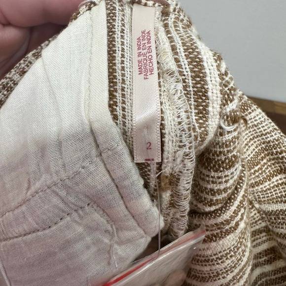 Free People Pants 2 Tan White Striped Cotton Loose Relaxed Gauzy‎ Pull On NWT - Picture 7 of 10